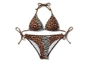 A two-piece animal print swimwear set featuring a triangle top and tie-side bottom with leopard spots and zebra stripes on a white background