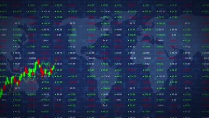 Digital Candlestick Stock Chart and Market Analysis Concept Global Financial Trading, Investment Strategy, and Price Trend Forecast Visualization on Blue Background. - Powered by Adobe