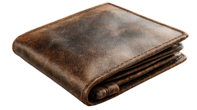 Folded brown leather wallet with textured surface isolated on transparent background