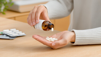 Hand pouring white pills from a brown bottle onto palm on a wooden table