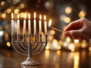 Lighting candles for Hanukkah celebration in warm setting with glowing lights