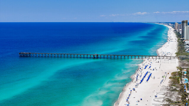 Aerial landscape of white sand beach resort on summer day in Panama City Beach Florida panhandle