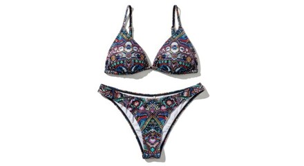 A two-piece patterned swimwear a bikini with intricate colorful geometric and floral designs displayed flat on a bright background