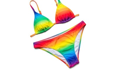 A two-piece rainbow-colored bikini swimsuit lies on a plain white background