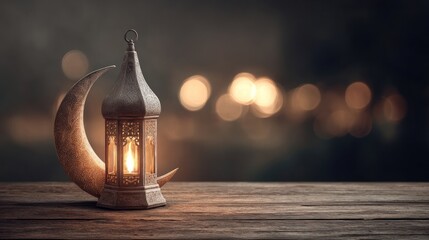 A decorative lantern, adorned with intricate designs, sits atop a rustic wooden surface, alongside a crescent moon, creating a warm and inviting atmosphere.