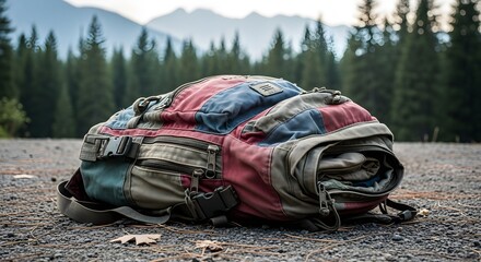 A wellworn backpack rests on a gravel path, with a backdrop of lush green trees and mountains