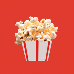 Delicious popcorn in a striped container on a bright background for snack lovers