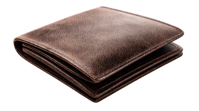 Brown leather wallet folded isolated on transparent background