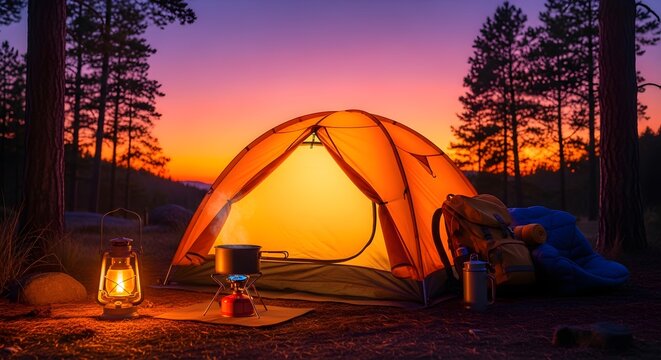 Illuminated tent glows warmly at dusk in the forest, inviting campers to relax and unwind