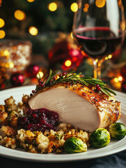Delicious holiday dinner with roast turkey, stuffing, Brussels sprouts, and wine