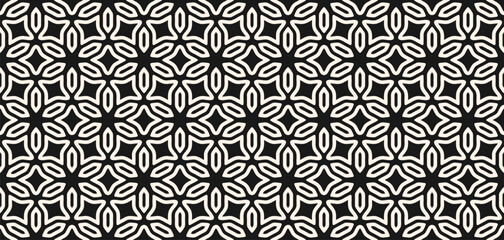 Abstract floral geometric ornament in oriental style. Elegant vector seamless pattern. Black and white background texture with flower silhouettes, grid, lattice. Simple luxury repeat oriental design