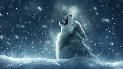 Wolf howling in winter landscape