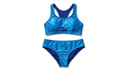 A two-piece set of blue athletic apparel including a racerback top with a cutout and matching briefs displayed flat against a white background