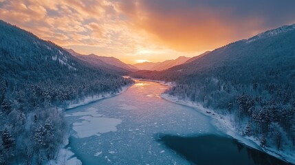 Winter sunset over river valley