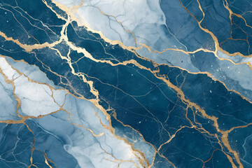 "Abstract deep blue marble texture with diagonal gold and white veining, luxurious decorative design for elegant interiors, wallpapers, and digital backgrounds" generative ai