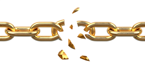gold golden chain breaking isolated on white background, png, ai generated