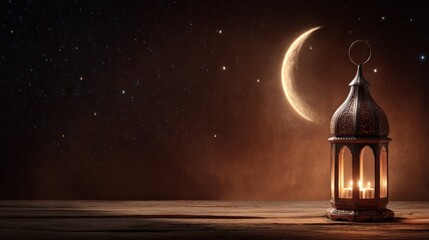 A beautiful, decorative lantern glows softly under a crescent moon and starry night sky.