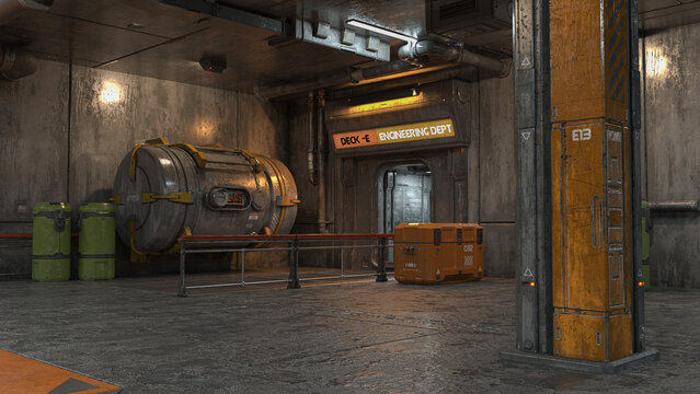 Futuristic fantasy sci-fi hangar environment. 3D rendered illustration.