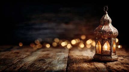 Ornate lantern with warm glow on rustic wooden surface, creating a serene and inviting atmosphere.