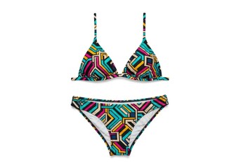 A two-piece swimsuit with a colorful geometric pattern featuring a triangle top and brief-style bottom displayed on a white background