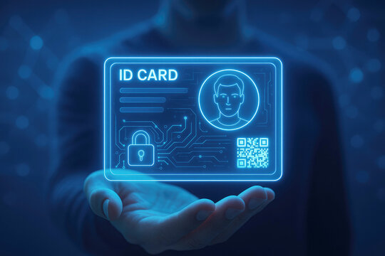 Hand presenting a digital ID card with a padlock icon and QR code in a dark setting ID card digital identity