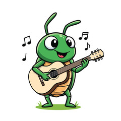 Obraz premium A cheerful green cartoon grasshopper stands and plays an acoustic guitar surrounded by musical notes.