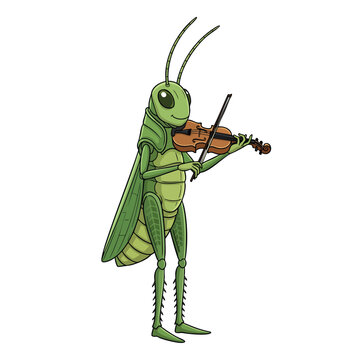 A charming green cartoon grasshopper standing upright and playing a classic brown wooden violin with a bow.
