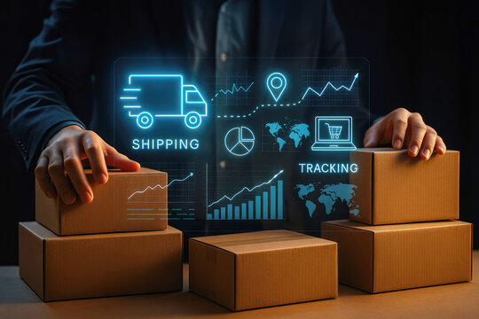 Hands arranging cardboard boxes with glowing digital interface for shipping and logistics