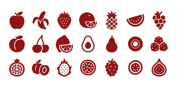 Food fruits glyph icon set. Vector pictograms of banana, strawberry, pineapple, watermelon, grapes, mango, blueberries, peach, cherry, lemon, avocado, pear, kiwi, black sign silhouette illustration.