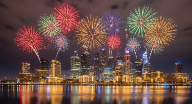 Fireworks Over City Skyline Celebration, Nightscape, Urban Festivities - Powered by Adobe