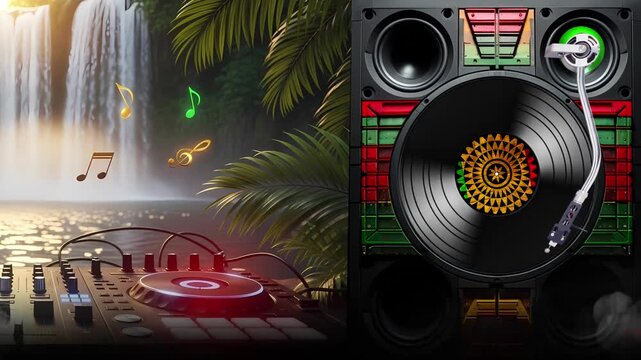 Bar de festival reggae tropical com vitrola e decora&ccedil;&atilde;o jamaicana