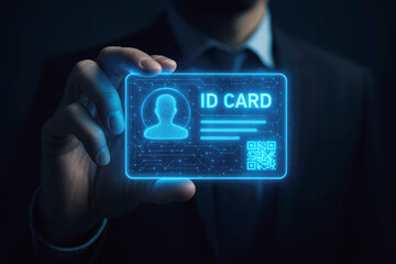 Man holding a glowing blue digital ID card with QR code and profile icon ID card digital identity