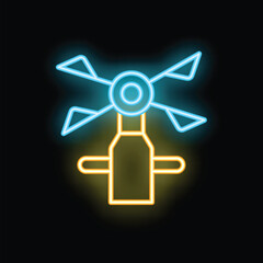 Neon icon of wind turbine generating clean energy isolated on black background