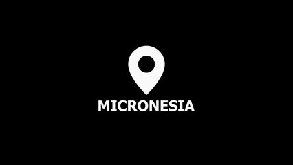 White location pin icon with the word MICRONESIA below it on a black background marker destination