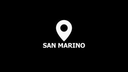 White location pin icon with the word San Marino centered below on a black background marker pointer