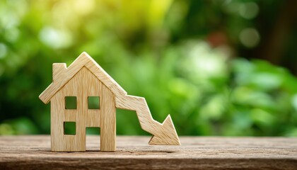 Strategic Tips For Lowering Interest Rates On Home Purchases And Mortgages: Model Wooden House Against Green Background With Falling Interest Arrow.