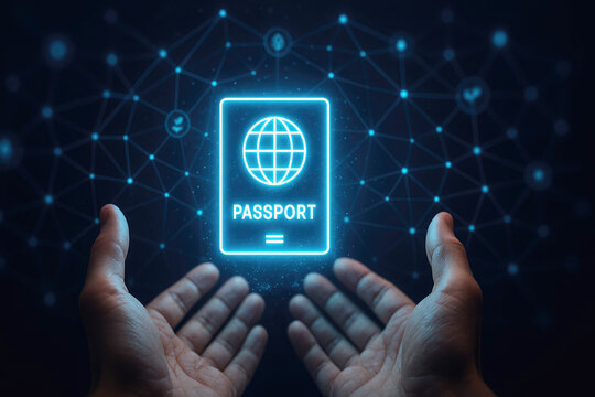 Open hands presenting a glowing neon blue passport icon with a globe and digital network in the background