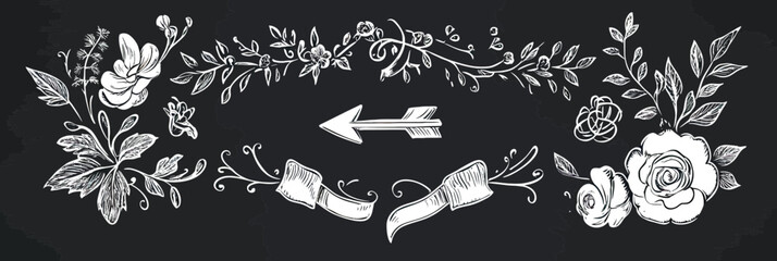 Hand drawn white floral frame wreath with vintage arrow and ribbon banner on black chalkboard background vector illustration decorative border decoration element