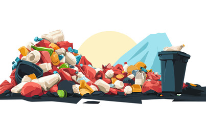 Large pile of colorful plastic garbage and waste bags next to overflowing black trash bin on white background with blue tarp and yellow sun flat vector illustration