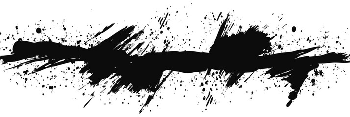 Naklejka premium Black ink brush stroke grunge splash with scattered splatters isolated on white background for artistic design and abstract textured art element in vector style