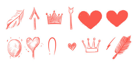Hand drawn red doodle set of hearts, crown, arrows, feathers, balloon, and decorative elements in flat minimalist vector style for creative design accents and highlights
