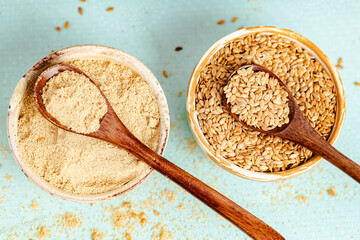 Flax Seeds and Ground Flax in Ceramic Bowls