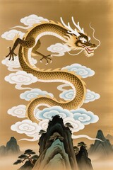 Fototapeta premium Gongbi-style painting depicting a highly detailed celestial dragon with golden scales and silver whiskers spiraling through clouds above a mountain peak