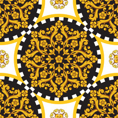 Ornamental Round Design with Checkered Border Vector Background Gold