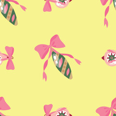 Seamless Pattern of Christmas Baubles with Pink Bows. Endless textures for your design