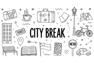 City break adventure icons: travel, sightseeing, metro, bicycle, suitcase, camera, map