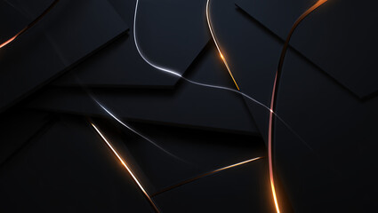 Abstract dark background with golden and silver lines.