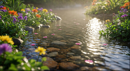 Fototapeta premium Tranquil Garden Stream with Flowing Water, Colorful Flowers, and Morning Sunlight