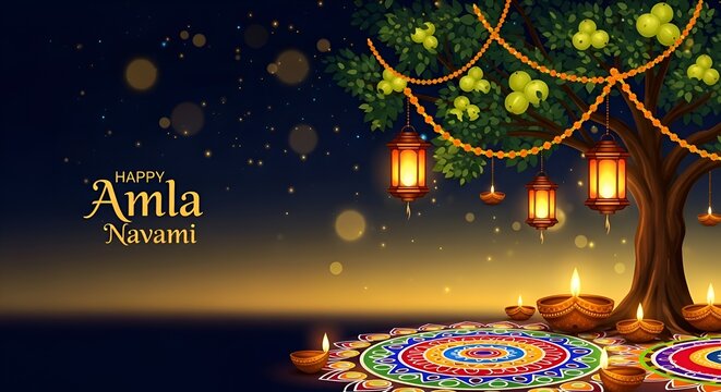 amla, navami, lanterns, diyas, rangoli, stars, night, golden, blue, gradient, bokeh, sky, tree, festival, celebration, sparkle, lights, artwork, premium, harmony, amla navami, amla tree, glowing lante
