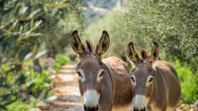 Two Donkeys Standing Together in Olive Grove, Sardinia, Italy